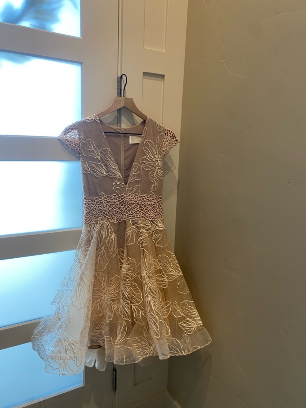 Bronx and Banco Beige Lace Dress with White Floral Embroidery